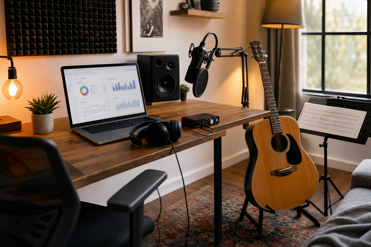Home desk with laptop, headphones, audio interface, and guitar for a musician’s business workspace