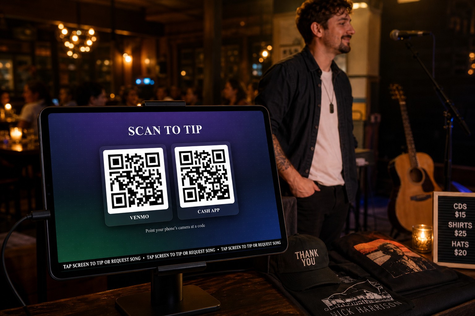iPad tip station at a live gig with Scan to Tip, Venmo and Cash App codes, and a Request Song ticker