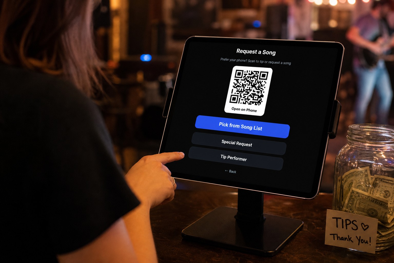 iPad song request menu with Open on Phone QR code and buttons for Pick from Song List, Special Request, and Tip Performer