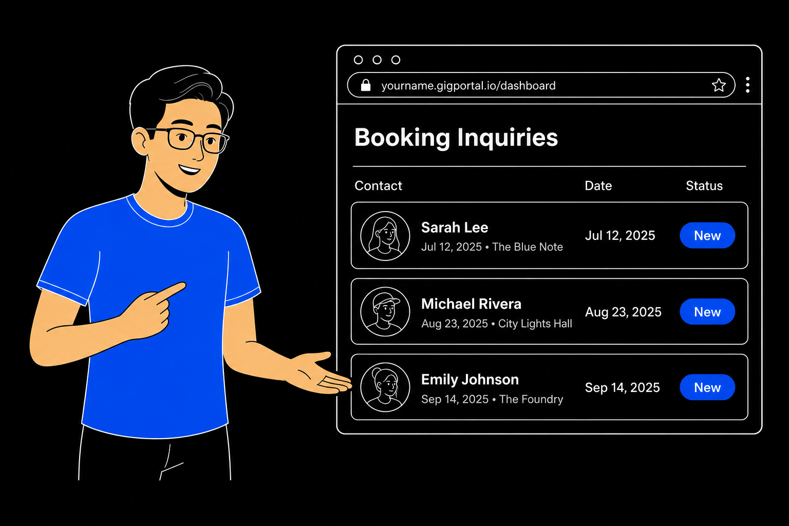 Booking inquiries organized in the Gig Portal dashboard